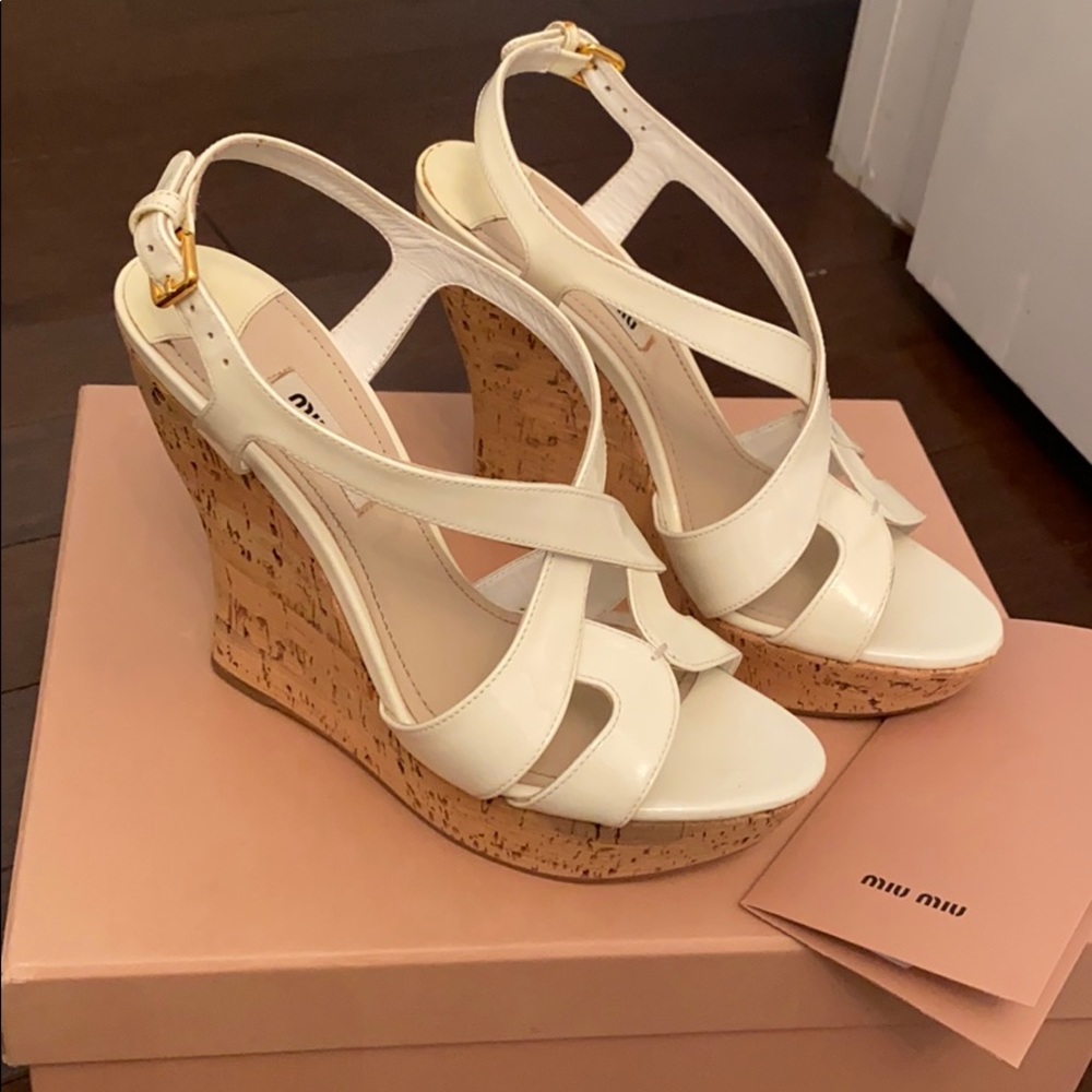 Miu Miu Platform Wedges Cork Sandals White Sz 37 7